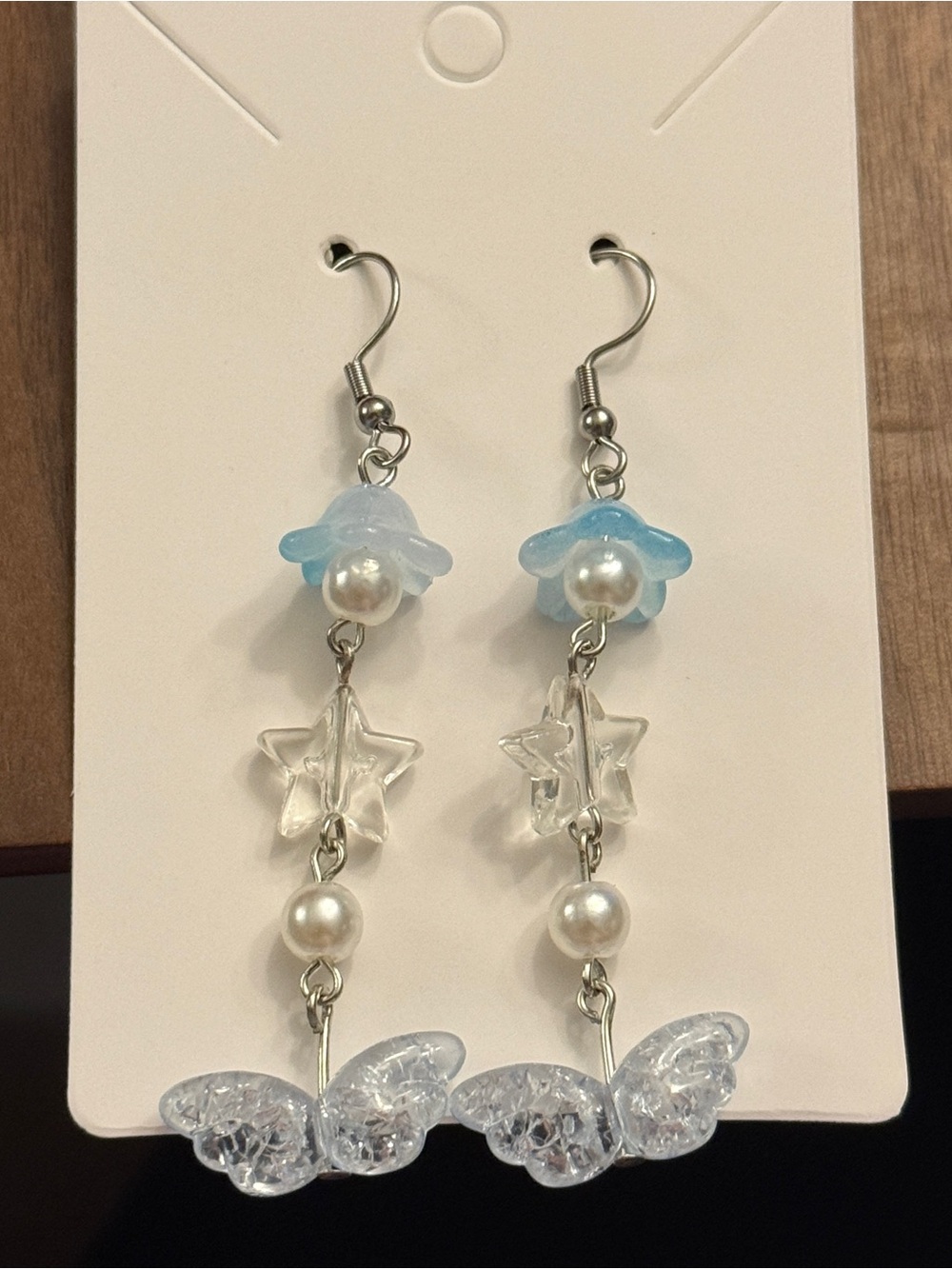 Elegant Blue Butterfly & Star Dangle Earrings - Pearl Accents